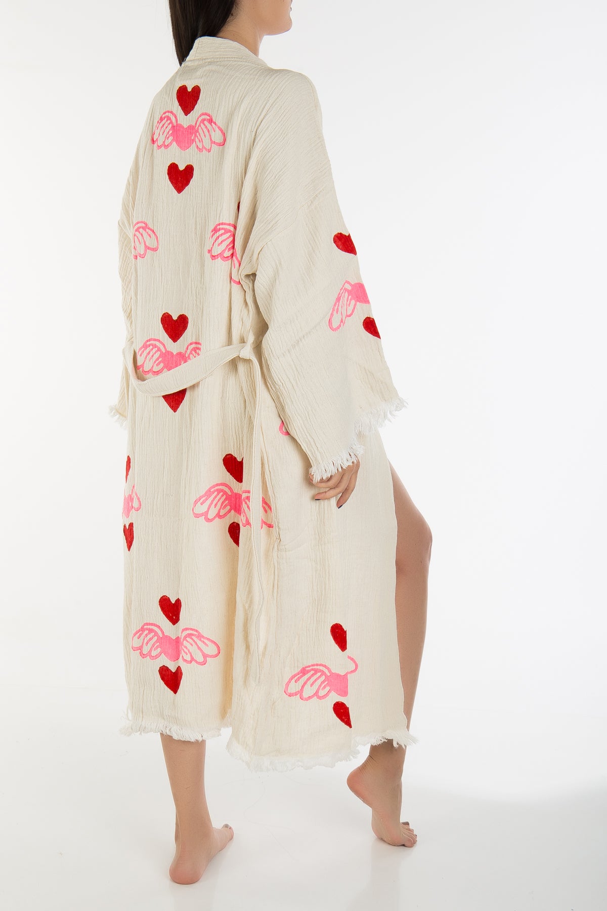 Valentine - Natural Flying Red Hearts Handmade Kimono