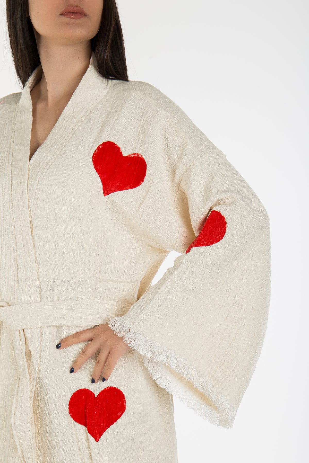 Linda - Natural Red Hearts Handmade Kimono