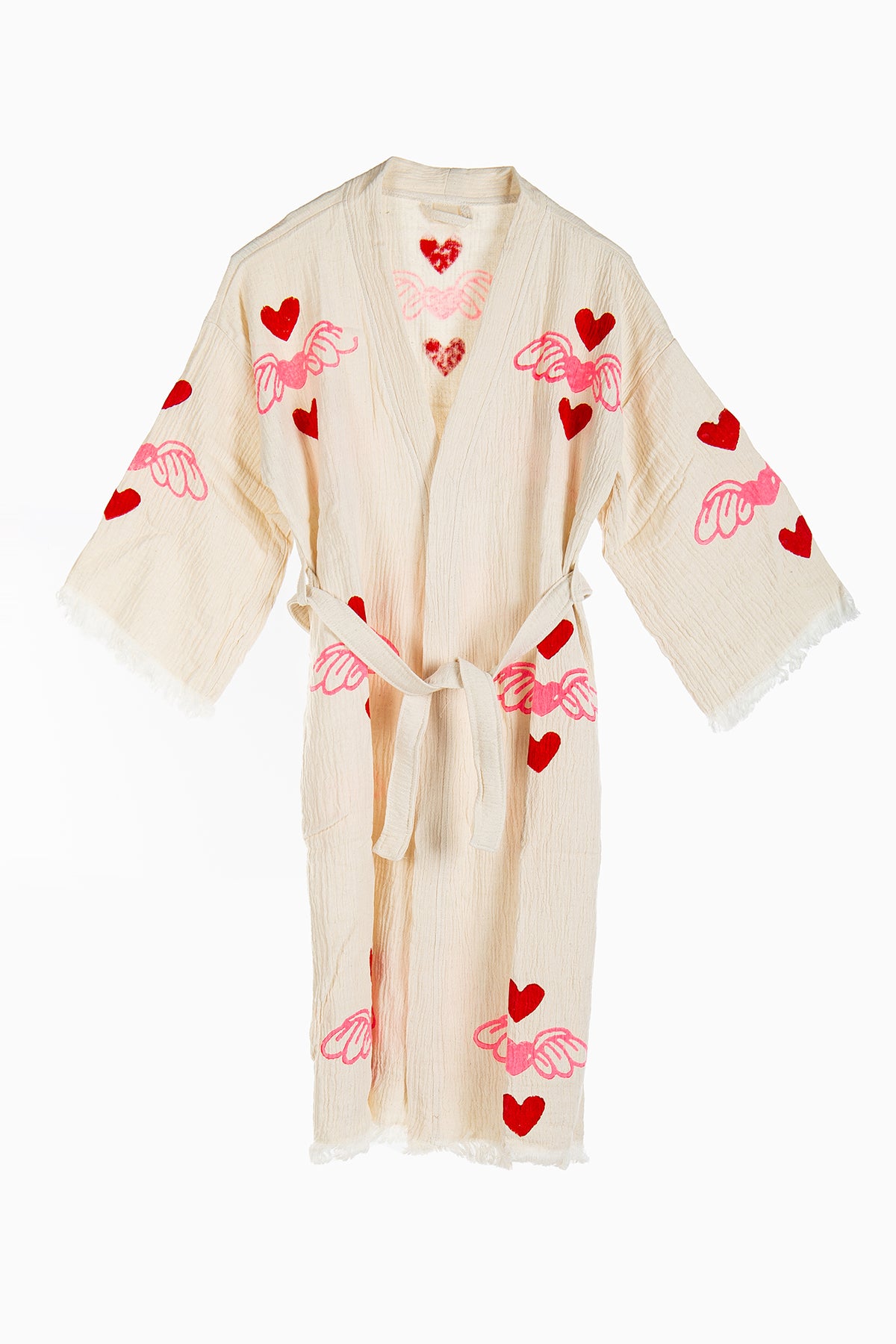 Valentine - Natural Flying Red Hearts Handmade Kimono