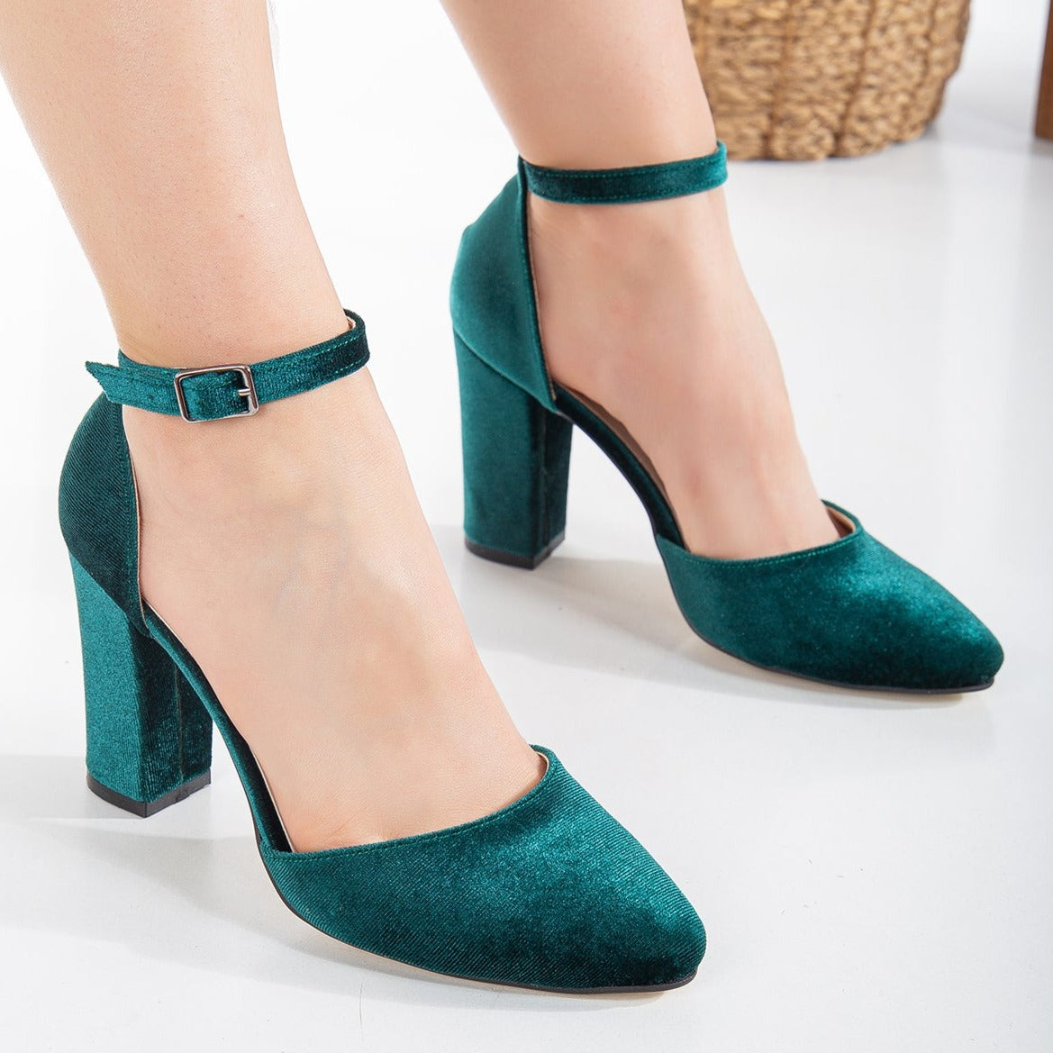 green velvet high heels, pearl ankle detail, women's shoes, elegant heels, luxury footwear, special occasion shoes, stylish high heels, fashion shoes, evening shoes, party shoes