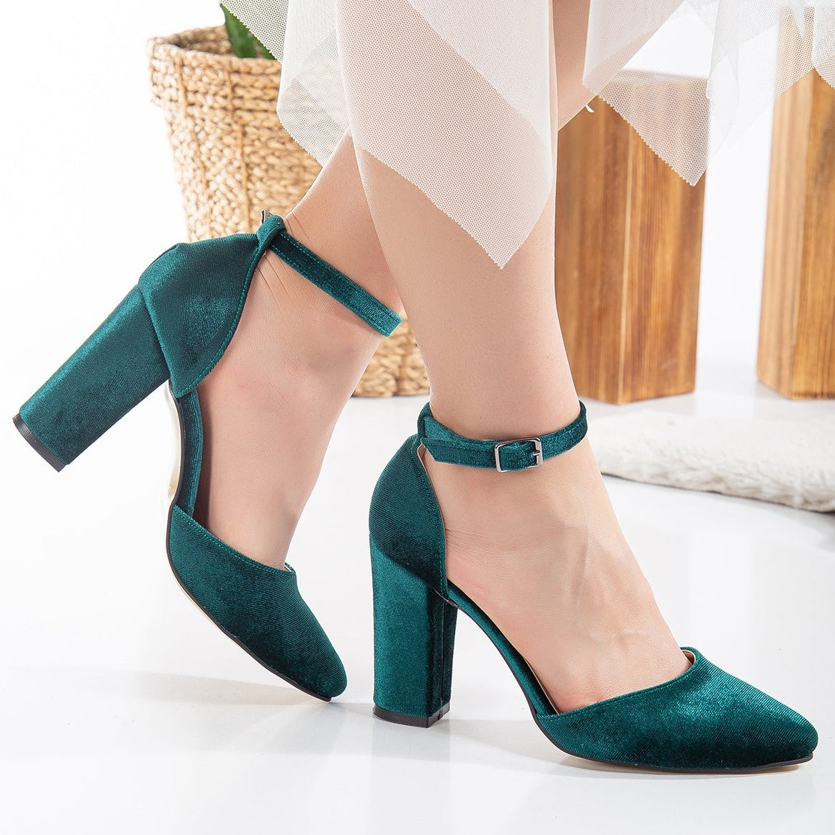green velvet high heels, pearl ankle detail, women's shoes, elegant heels, luxury footwear, special occasion shoes, stylish high heels, fashion shoes, evening shoes, party shoes