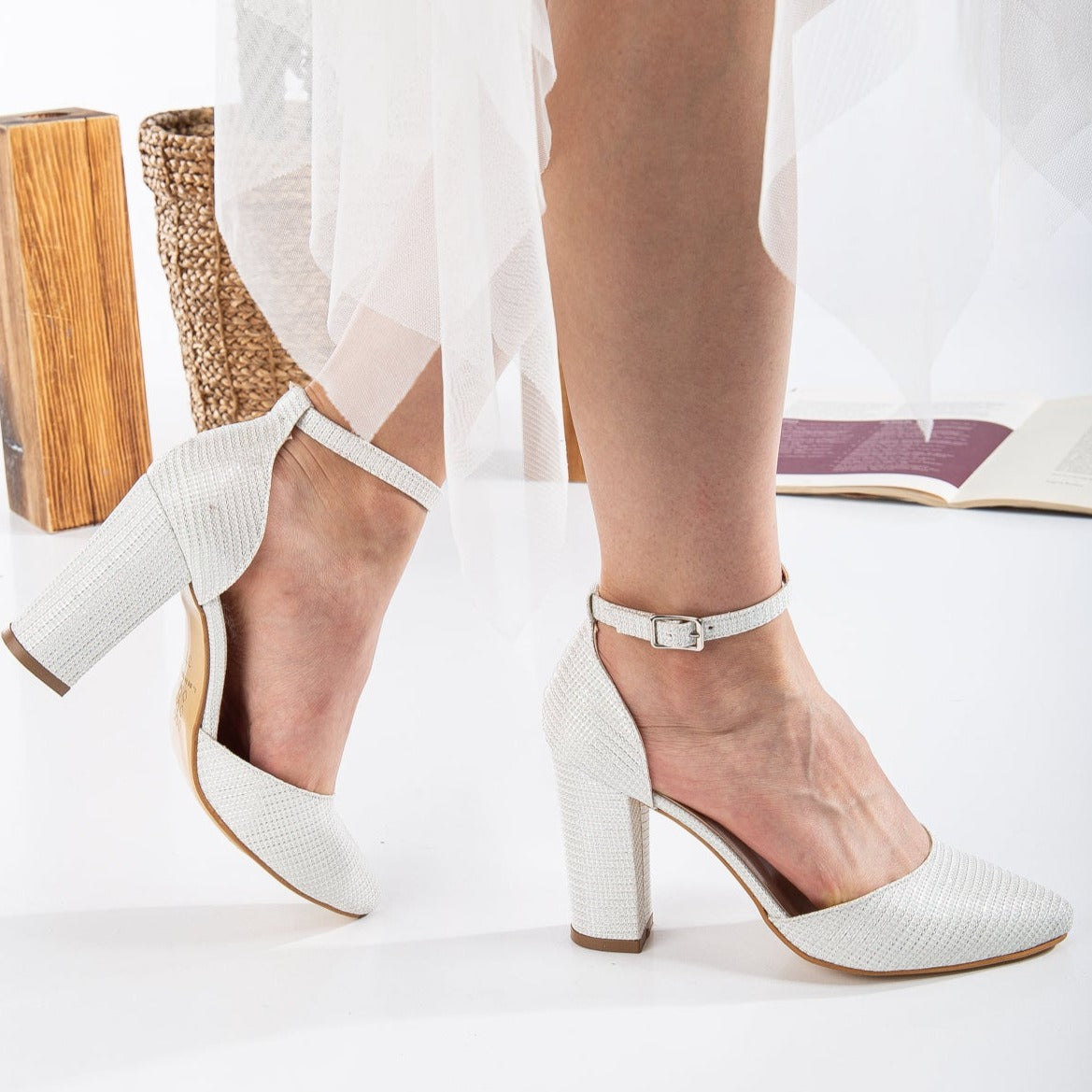 Gisele - White Glitter Wedding Heels
