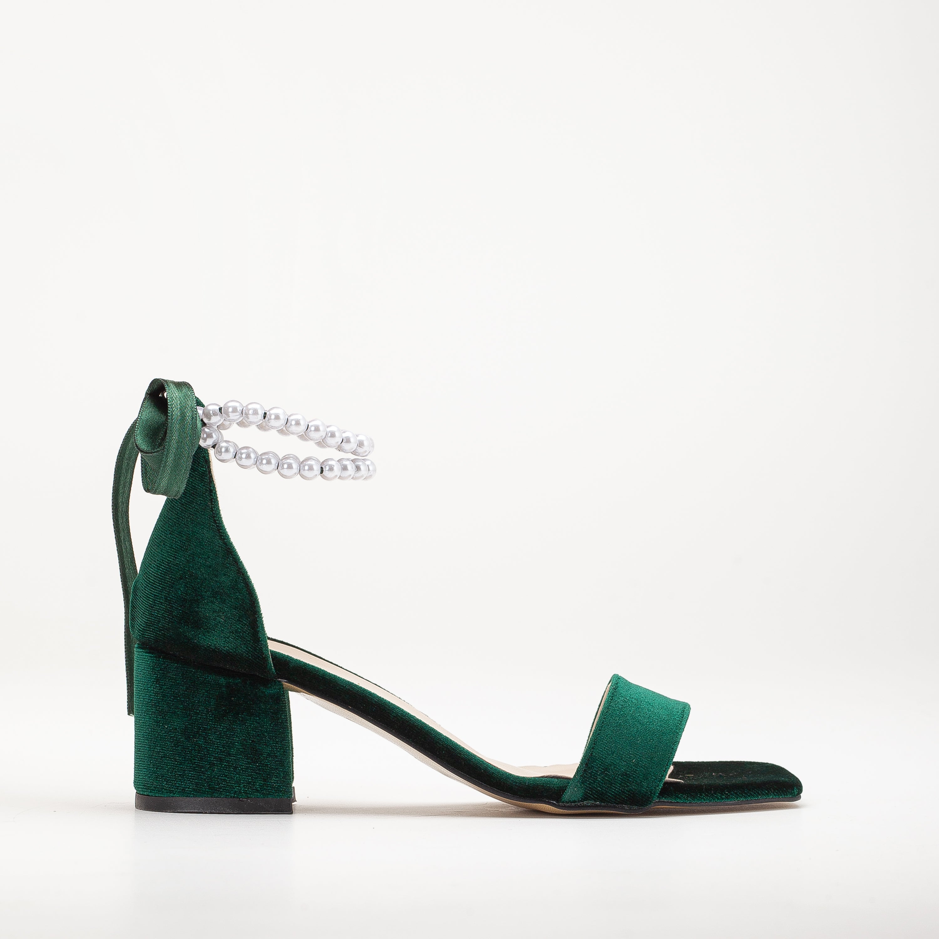 green velvet short heels, open toe shoes, pearl heel detail, women's shoes, elegant footwear, luxury heels, special occasion shoes, stylish sandals, fashion shoes, party shoes