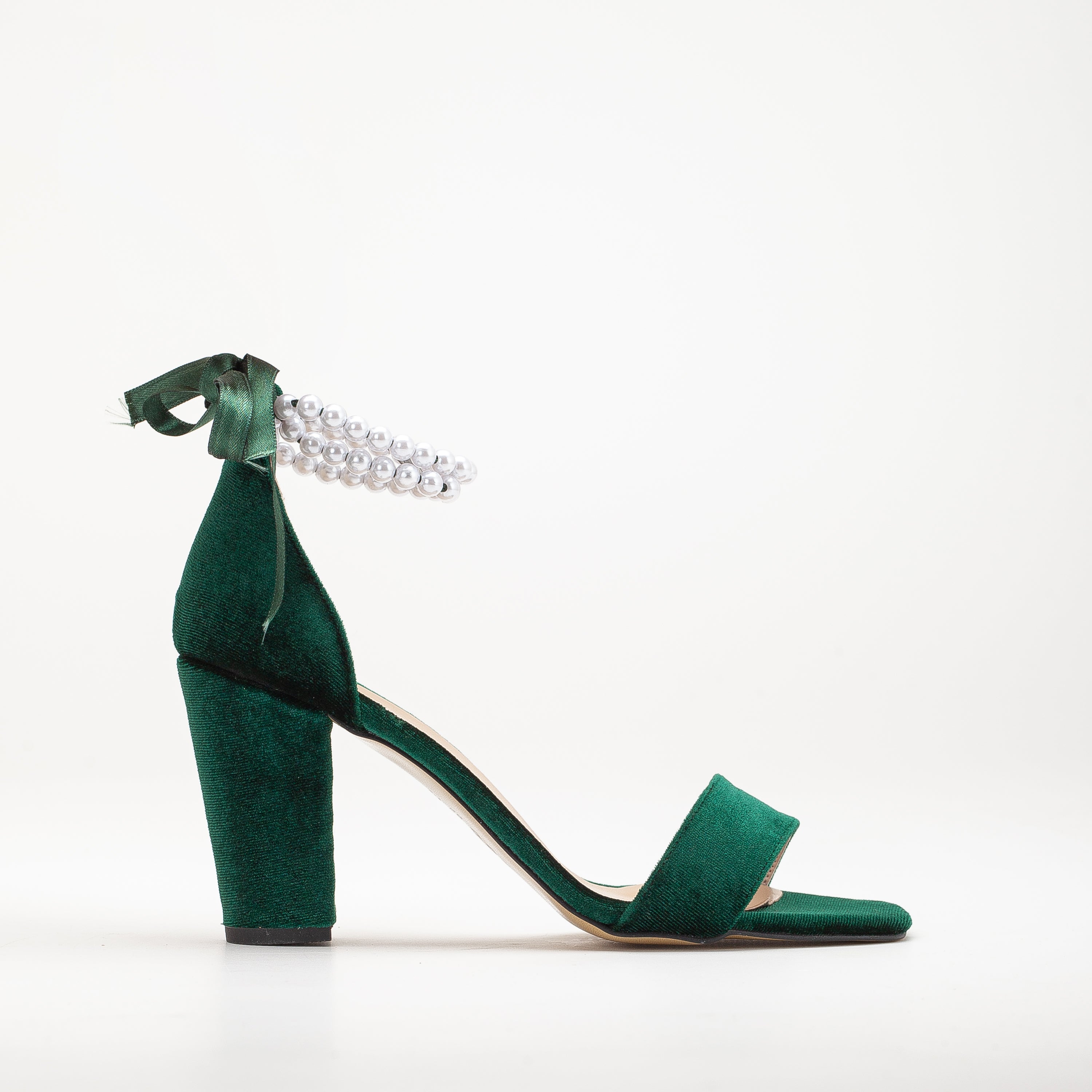 green velvet high heels, open toe shoes, pearl heel detail, women's shoes, elegant footwear, luxury heels, special occasion shoes, stylish sandals, fashion shoes, party shoes