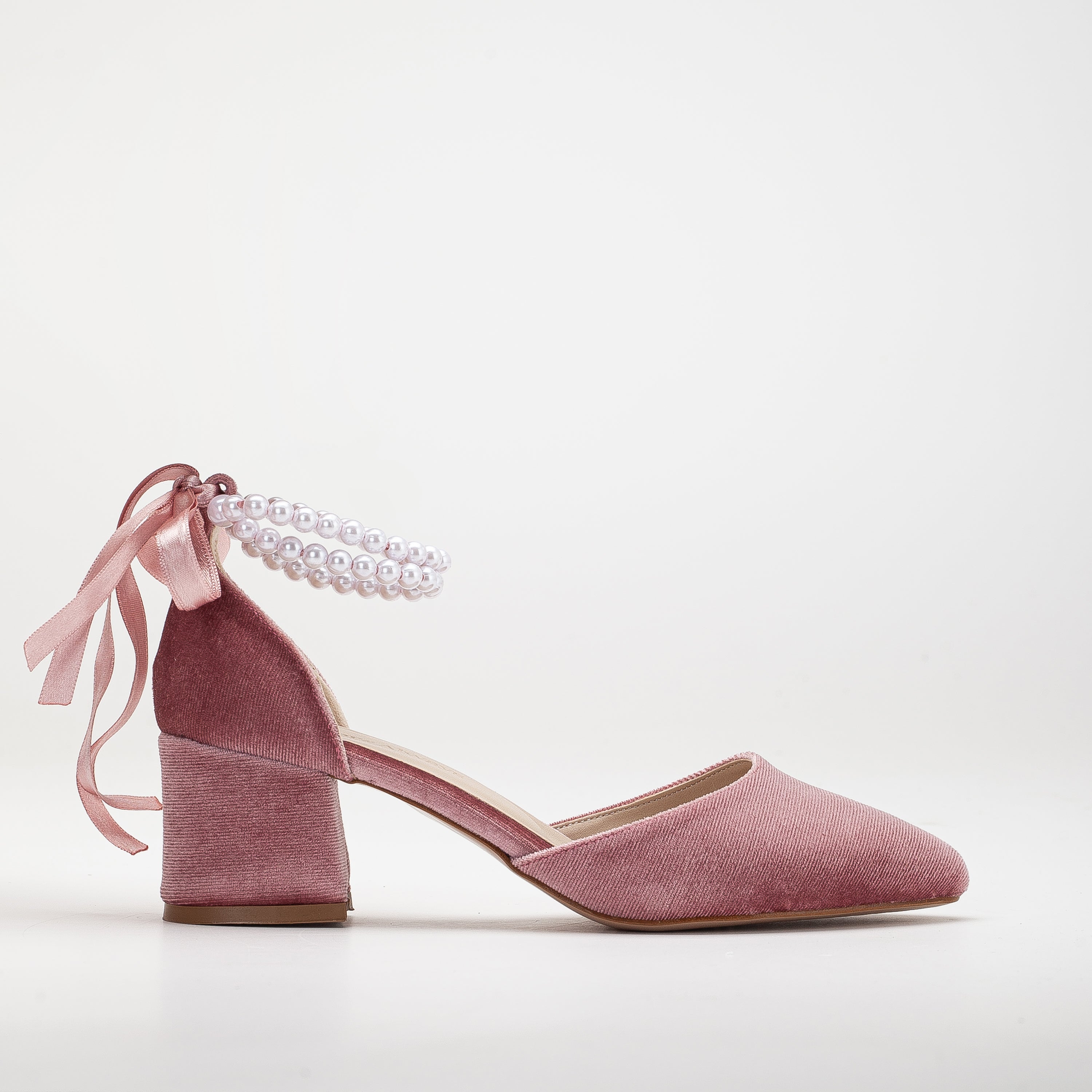 Marcelle - Rose Velvet Low Heels with Pearls