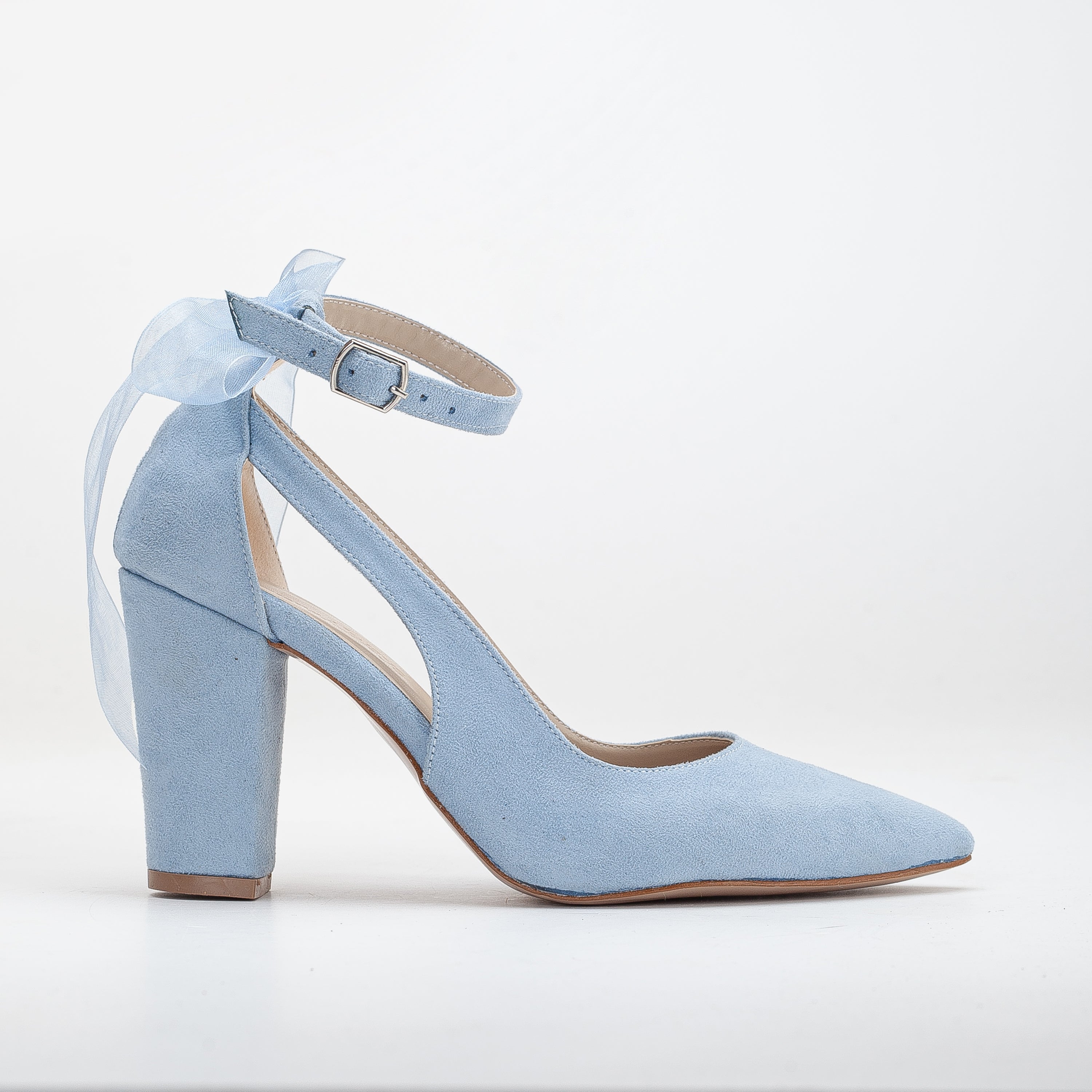 Coralie - Blue Suede Wedding Heels with Ribbon