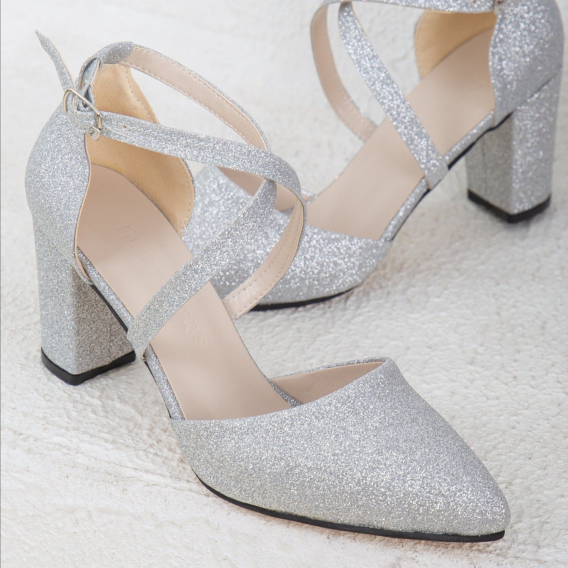 Silver Wedding Shoes, Silver Glitter Wedding Shoes, Silver Bridal Shoes, Silver Block Heels, Sparkling Wedding Heel, Silver Criss Cross Heel