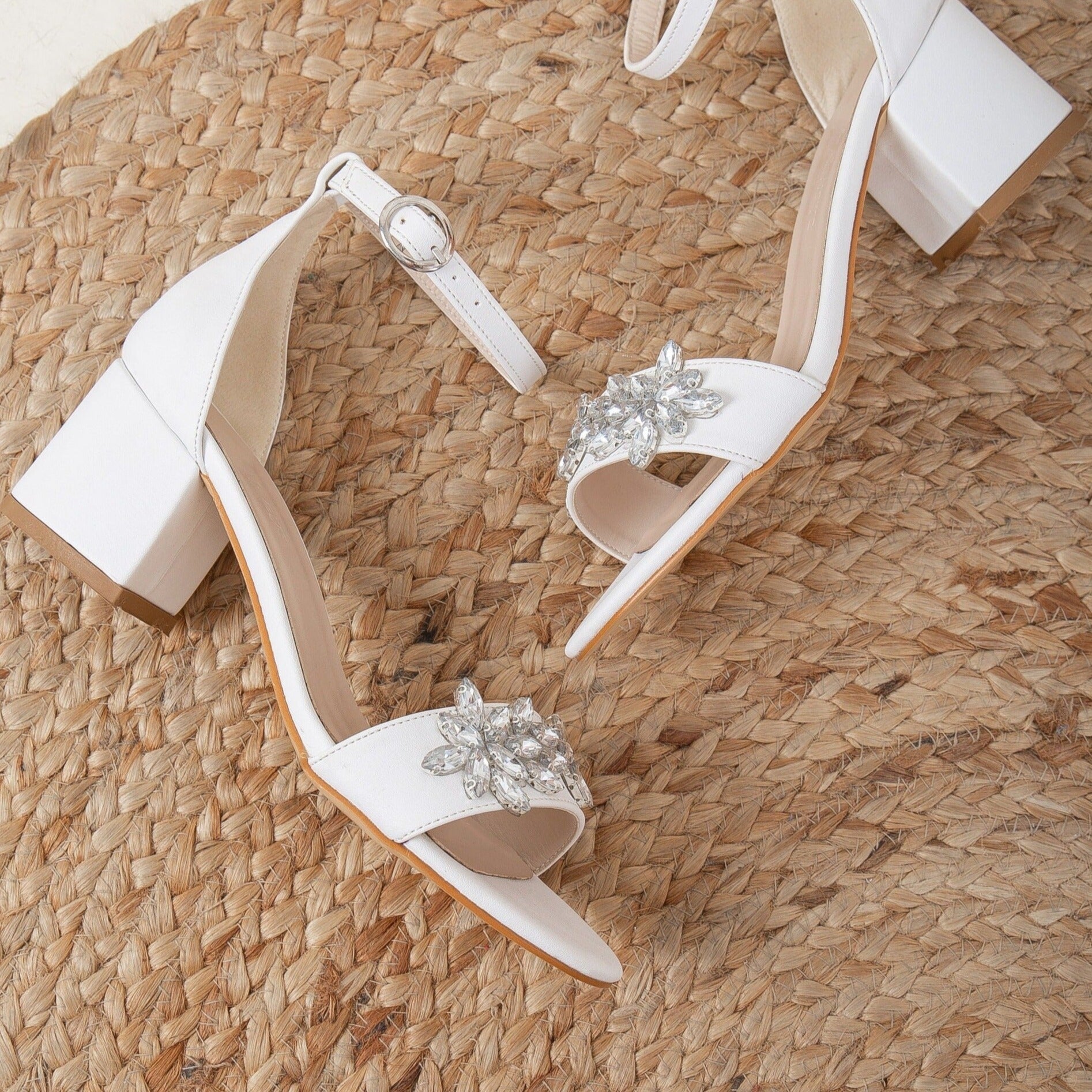 White Wedding Shoes with Rhinestones, White Wedding Heels, White Block Heels with Floral Rhinestone, White Block Heels, White Wedding Sandal