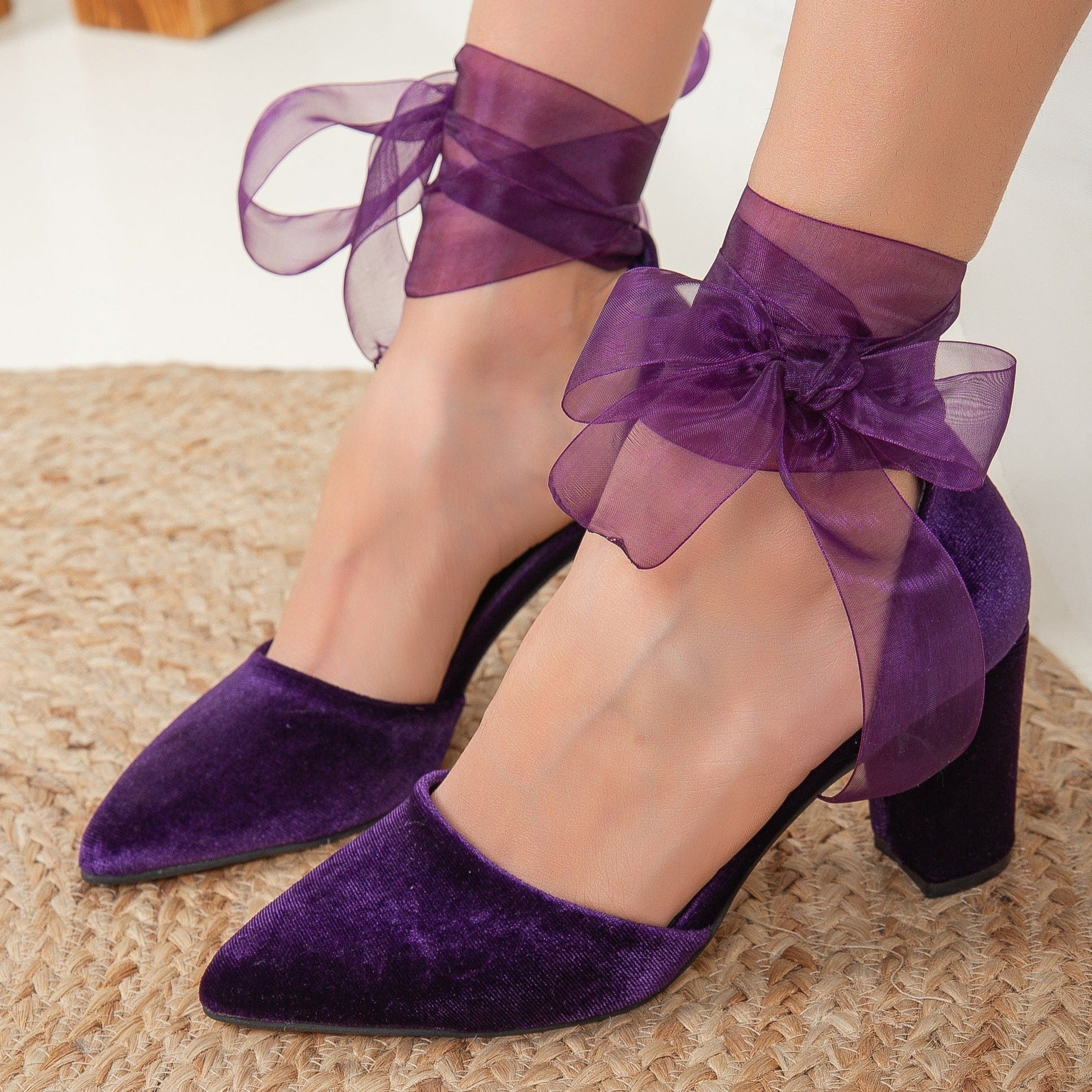 Purple Block Heels, Wedding Shoes, Purple Velvet Shoes with Ribbon, Purple Bridal Shoes, Purple Velvet Heels, Purple Velvet Pumps for Bride